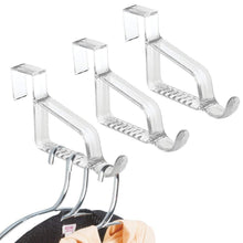 Load image into Gallery viewer, On amazon mdesign modern over door valet hook multi hanging storage organizer hook for coats hoodies hats scarves purses bath towels robes 3 pack clear