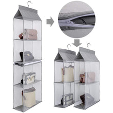 Load image into Gallery viewer, Budget friendly aoolife hanging purse handbag organizer clear hanging shelf bag collection storage holder dust proof closet wardrobe hatstand space saver 4 shelf grey