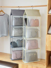 Load image into Gallery viewer, Discover the aoolife hanging purse handbag organizer clear hanging shelf bag collection storage holder dust proof closet wardrobe hatstand space saver 4 shelf grey