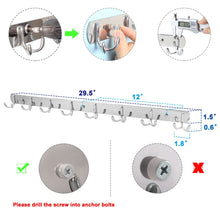 Load image into Gallery viewer, Budget friendly webi wall mounted coat rack 30 inch 8 dual hooks 16 hooks heavy duty coat hook rack rail double prong hooks for bathroom kitchen office entryway closet purse silver