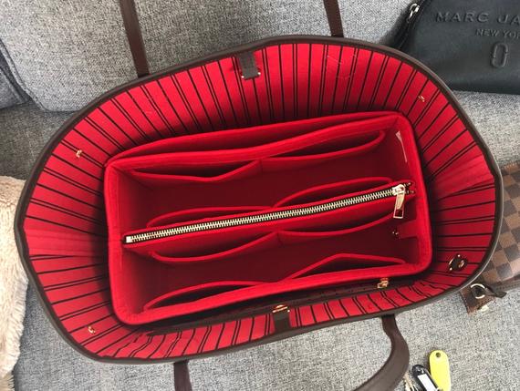 Neverfull (Cherry) GM MM PM Organizer (w/ Detachable Zipper Bag), Tote Felt Purse Insert, Makeup Gold Golden Zip Laptop iPad Pocket by JennyKrafts