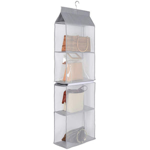 Buy aoolife hanging purse handbag organizer clear hanging shelf bag collection storage holder dust proof closet wardrobe hatstand space saver 4 shelf grey