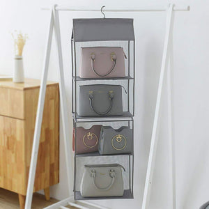 Discover the best aoolife hanging purse handbag organizer clear hanging shelf bag collection storage holder dust proof closet wardrobe hatstand space saver 4 shelf grey