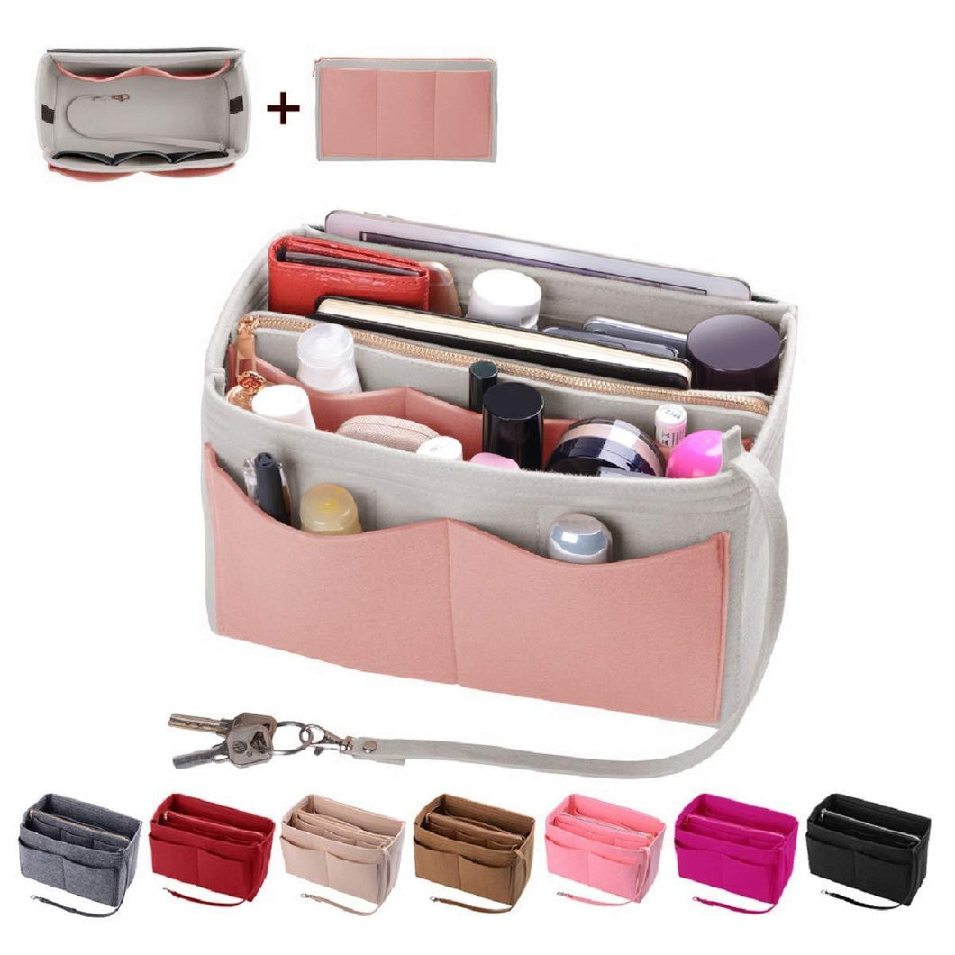 Buy now purse organizer insert felt bag organizer with zipper handbag tote shaper fit lv speedy neverfull longchamp tote x large white brush pink and grey
