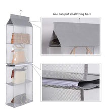 Load image into Gallery viewer, Cheap aoolife hanging purse handbag organizer clear hanging shelf bag collection storage holder dust proof closet wardrobe hatstand space saver 4 shelf grey