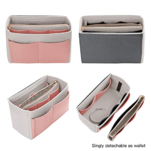 Exclusive purse organizer insert felt bag organizer with zipper handbag tote shaper fit lv speedy neverfull longchamp tote x large white brush pink and grey